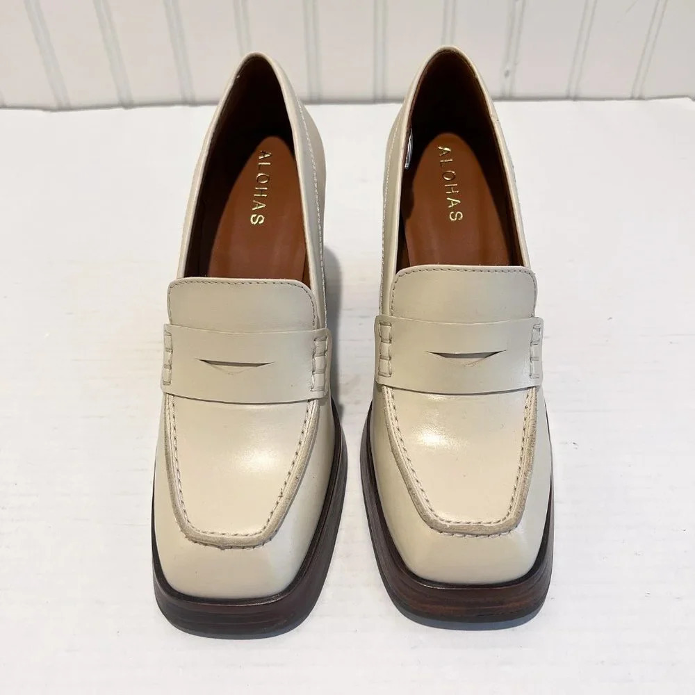 Alohas Busy Cream Square Toe Leather Academia Business Casual Loafer Heels 35 - Picture 3 of 13